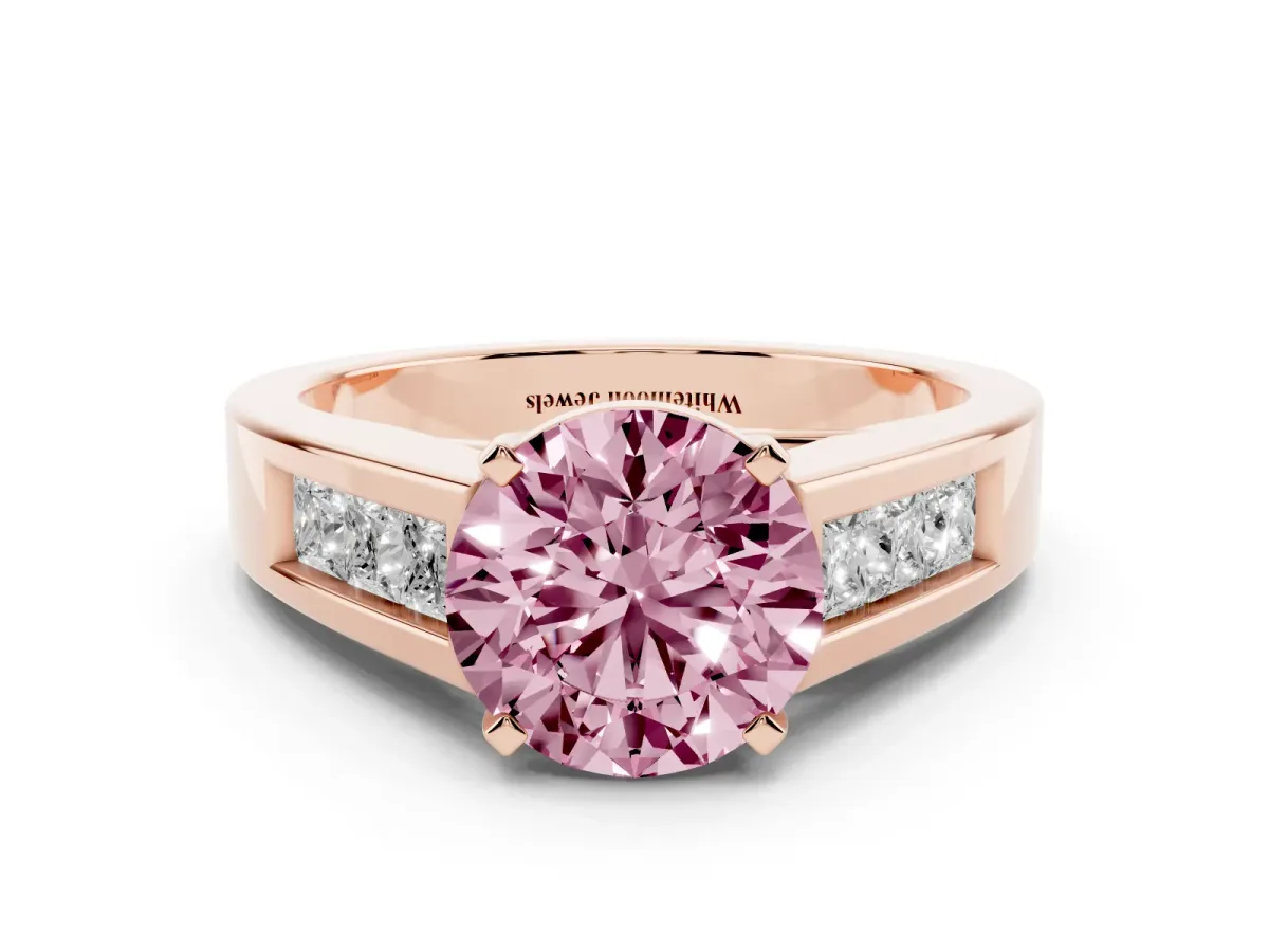 Fancy Pink Round Cut Cut Channel Set Solitaire Ring with Four-Prong Setting Rose gold