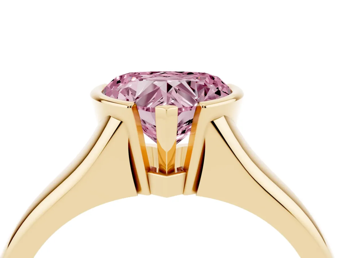 Fancy Pink Heart Cut Solitaire Tension Set Diamond Ring with Split Shank Band Yellow gold