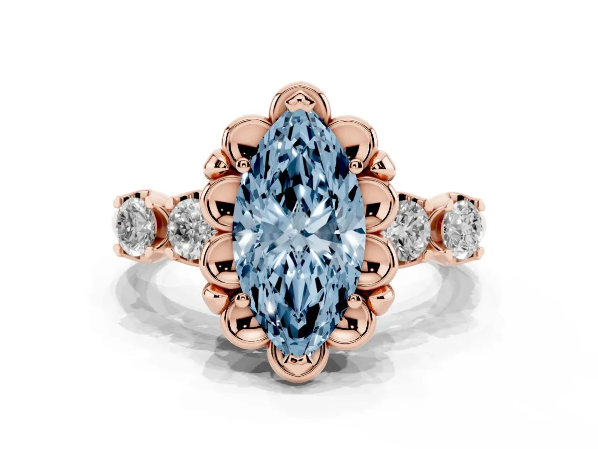 Fancy Blue Marquise Cut Cut Diamond Floral Halo Engagement Ring with Shared Prong Setting Rose gold