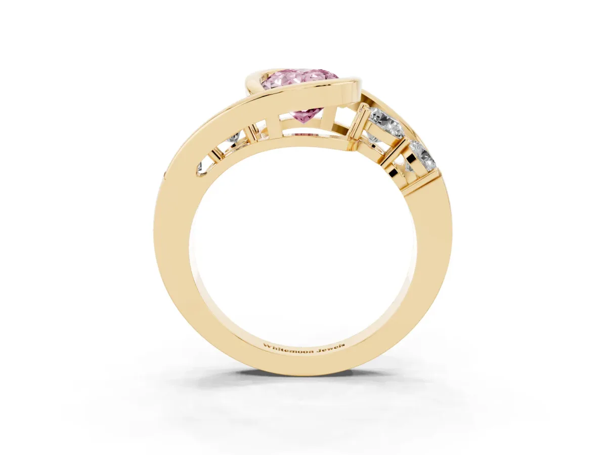 Fancy Pink Bezel Set Oval Cut Diamond Bypass Ring with Round Accents Yellow gold