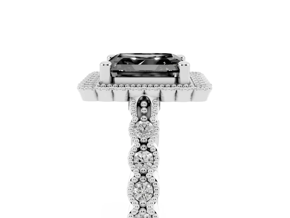 Fancy Black Asscher Cut Cut Halo Pavé Solitaire Ring with Milgrain Band Silver