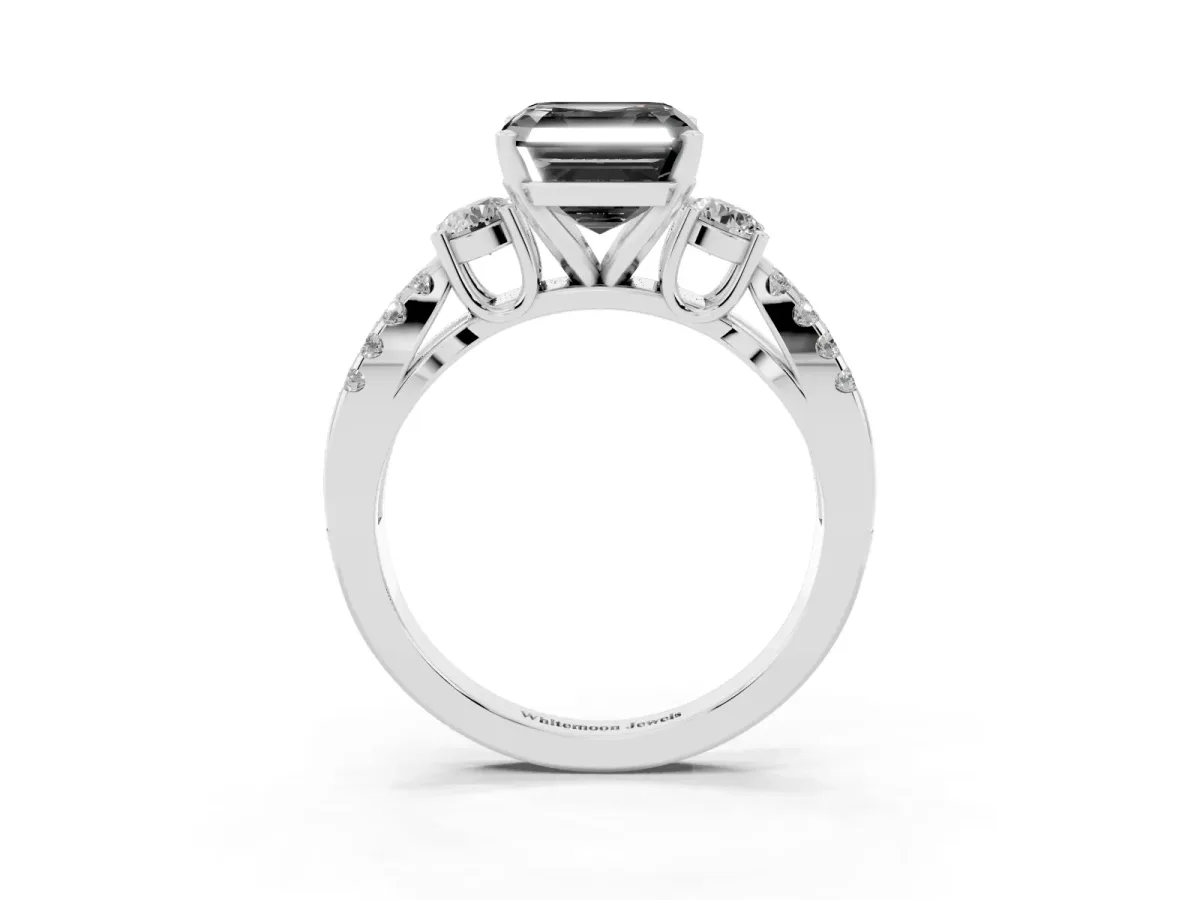 Fancy Black Asscher Cut Diamond Three-Stone Ring with Pavé Split Shank and Four-Prong Setting Silver