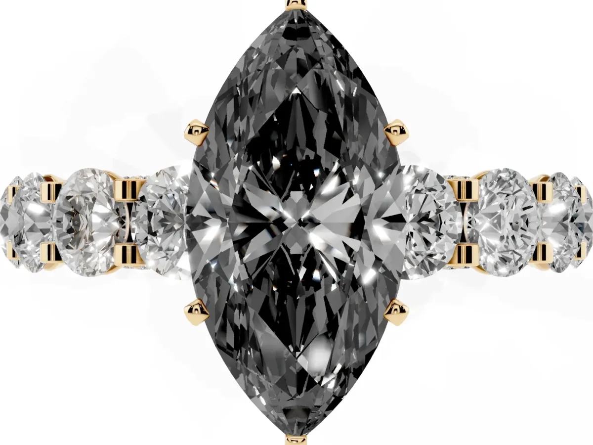 Fancy Black Marquise Cut Diamond Side Stone Engagement Ring with Four-Prong Setting Yellow gold