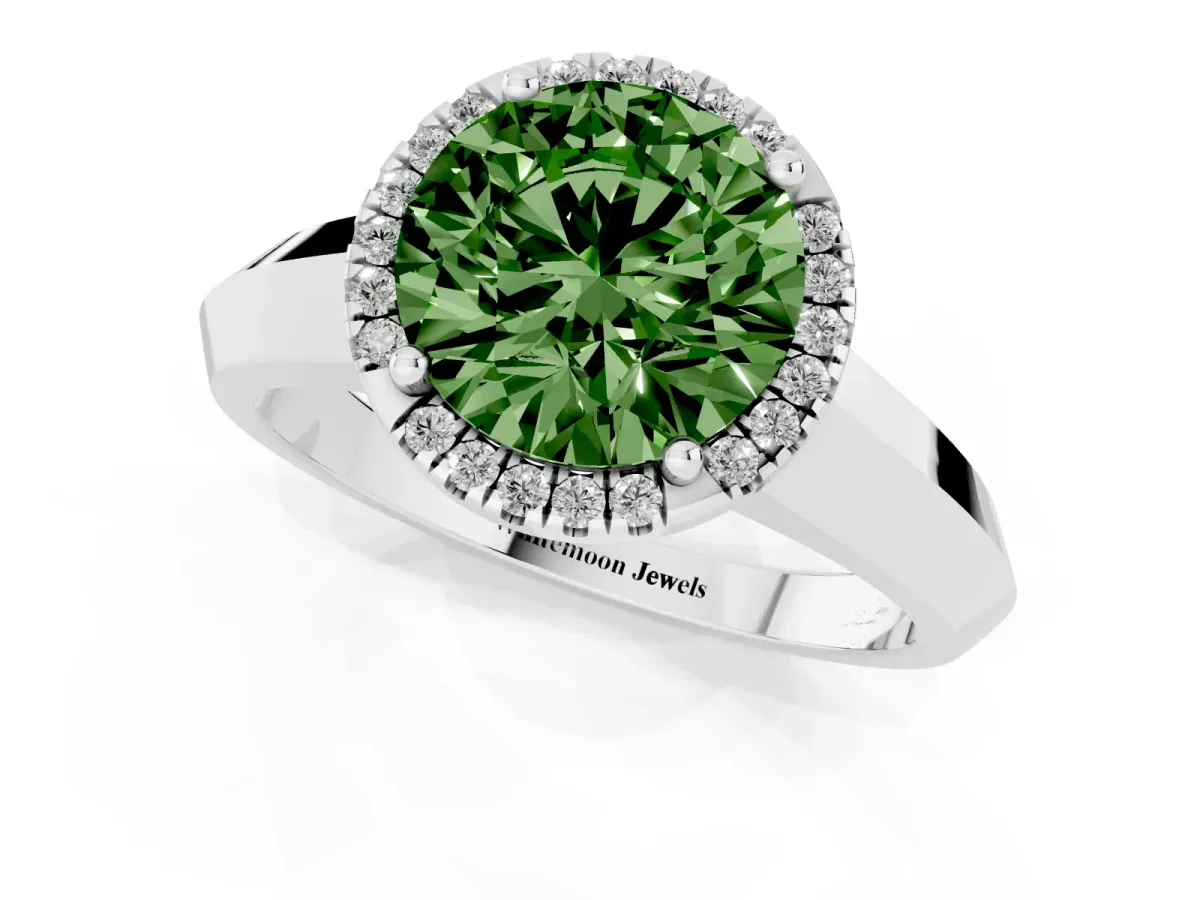 Fancy Green Round Cut Halo Diamond Ring with Cathedral Band and Four-Prong Setting White gold