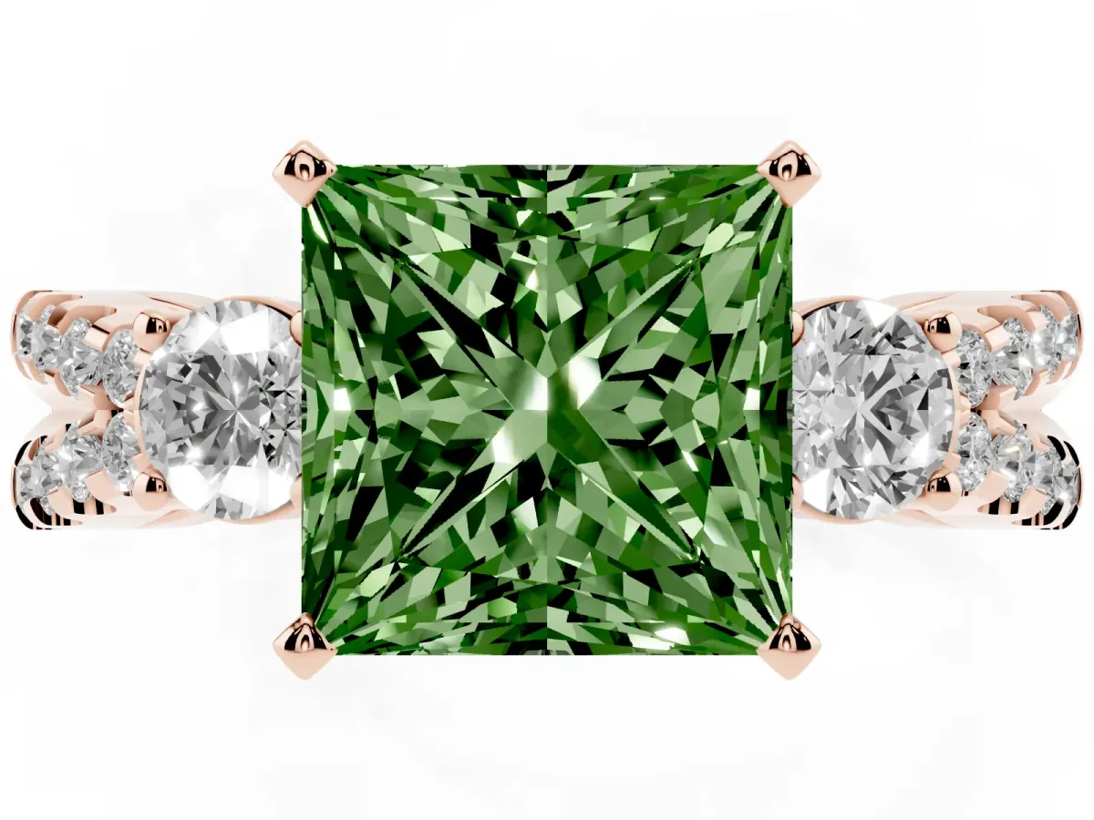 Fancy Green Princess Cut Diamond Three-Stone Ring with Pavé Split Shank and Four-Prong Setting Rose gold