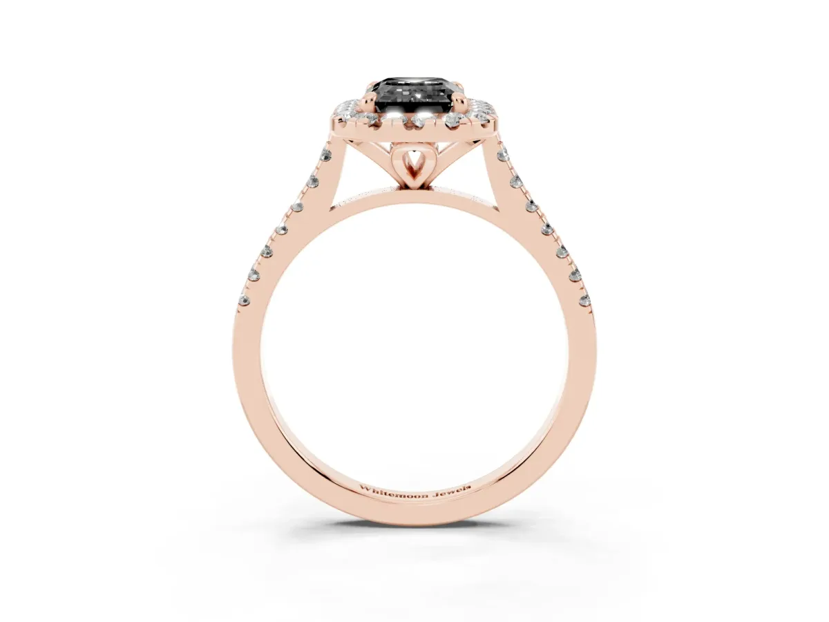 Fancy Black Emerald Cut Diamond Cushion Halo Ring with Pavé Band Rose gold
