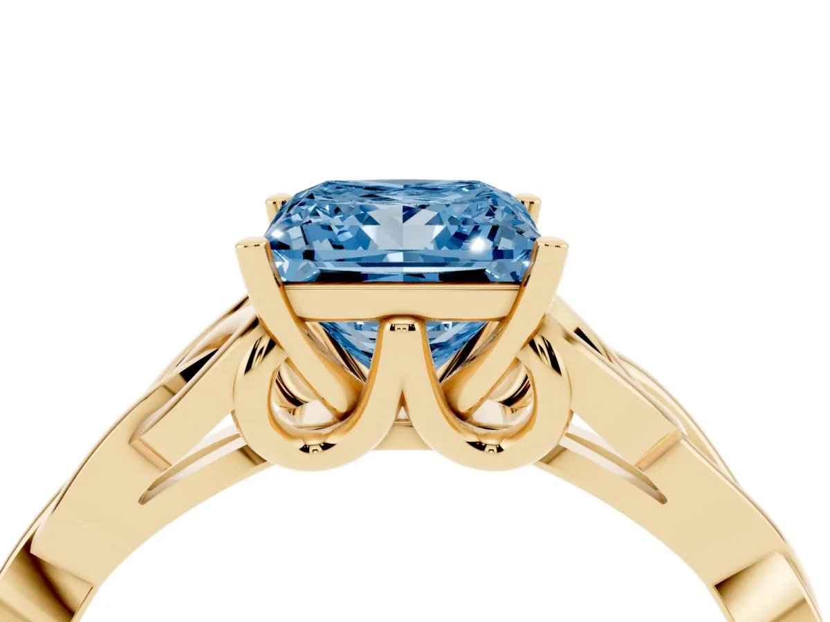 Fancy Blue Princess Cut Diamond Solitaire Engagement Ring with Celtic Knot Band and Four-Prong Setting Yellow gold