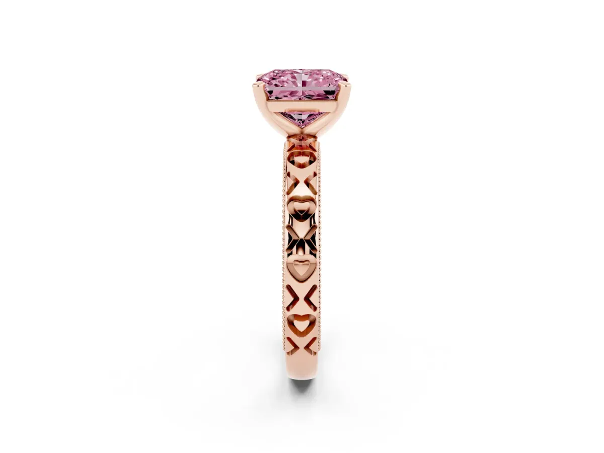 Fancy Pink Radiant Cut Solitaire Diamond Engagement Ring with XO Engraved Band and Four-Prong Setting Rose gold