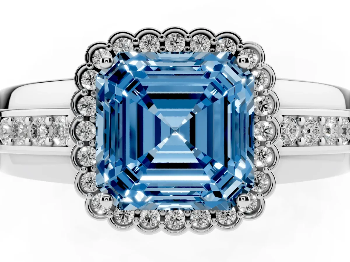Fancy Blue Asscher Cut Cut Halo Pave Band Four-Prong Ring Silver