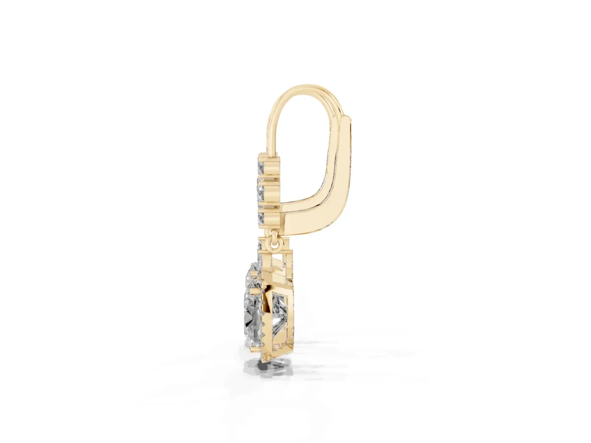 Cushion Diamond Drop Earrings with Trillion Diamond Accents and Round Diamond Halo Yellow gold