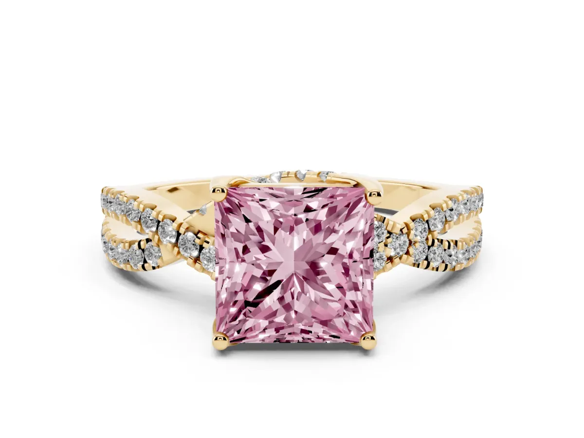 Fancy Pink Princess Cut Solitaire Twist Pave Diamond Engagement Ring with Prong Setting Yellow gold