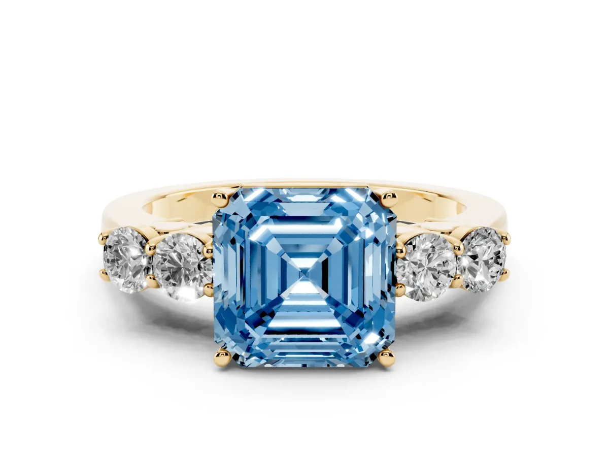 Fancy Blue Asscher Cut Cut Diamond Five-Stone Prong Set White Gold Ring Yellow gold