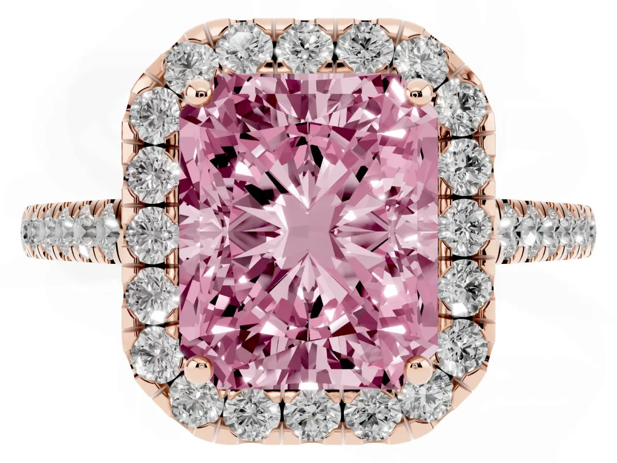 Fancy Pink Radiant Cut Halo Pave Diamond Engagement Ring with Four-Prong Setting Rose gold
