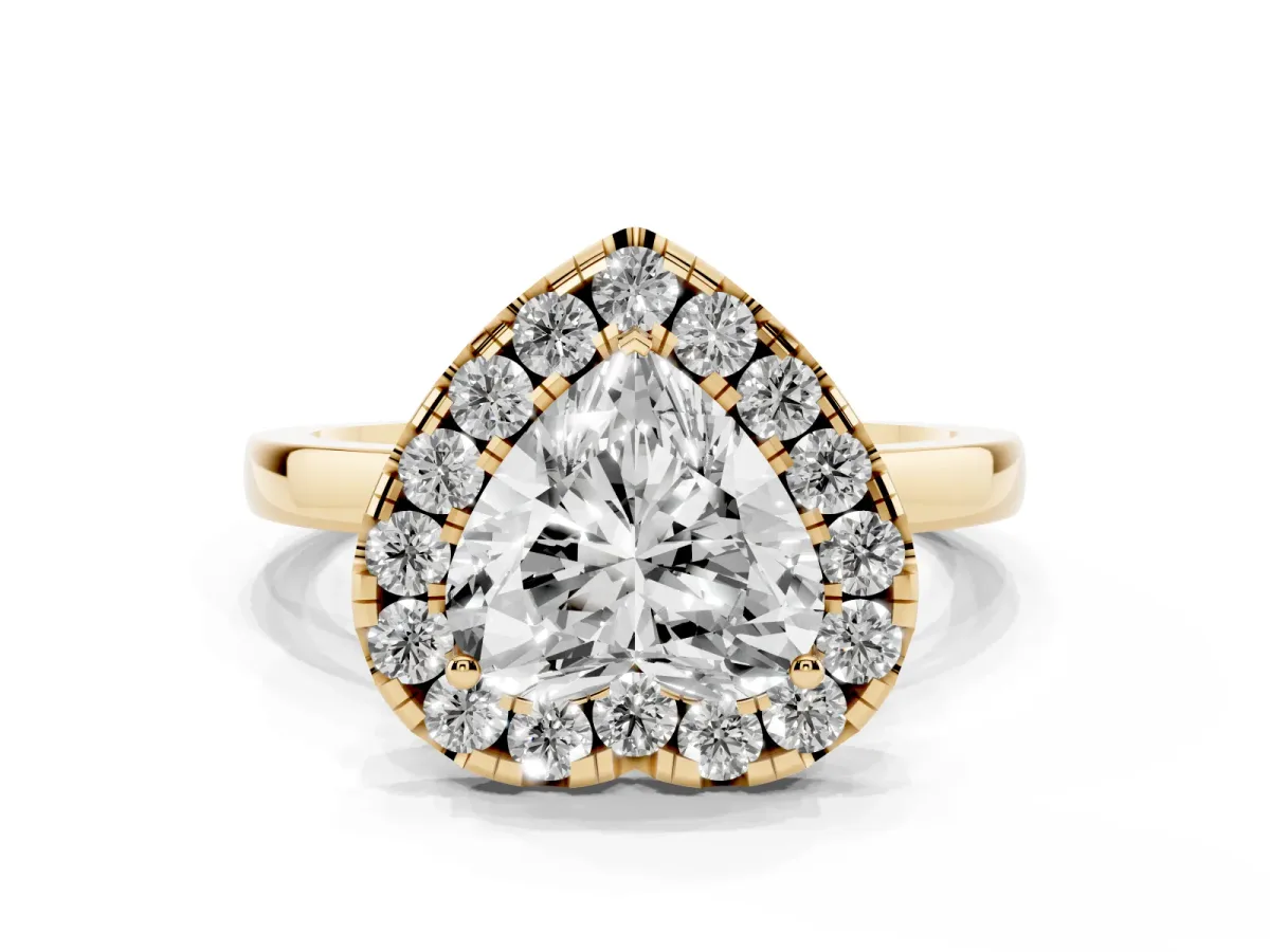 Heart Cut Halo Diamond Solitaire with Pavé Band and Four-Prong Setting Yellow gold