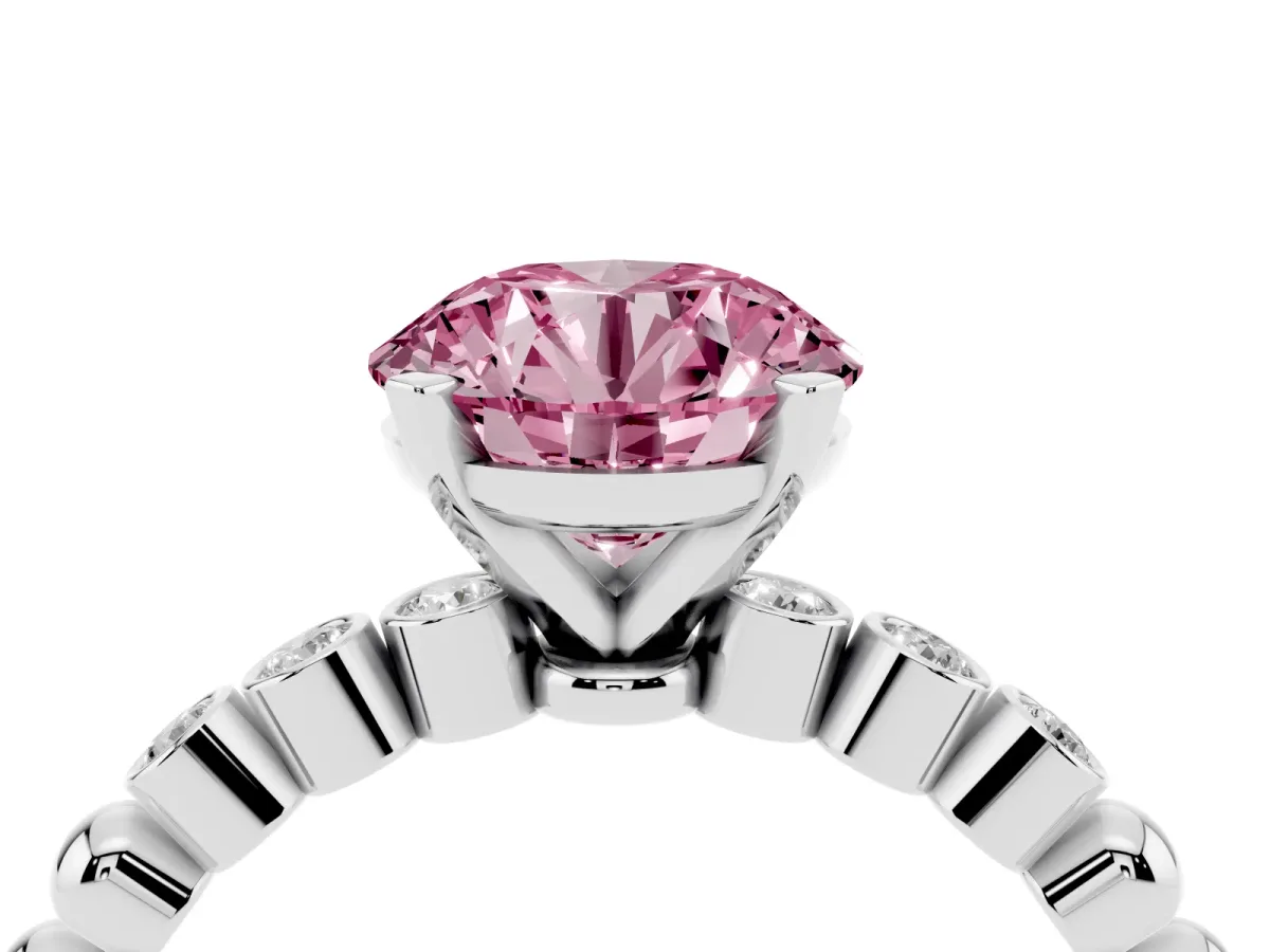 Fancy Pink Round Cut Solitaire Bezel Accent Diamond Engagement Ring with Beaded Band and Four-Prong Setting Platinum