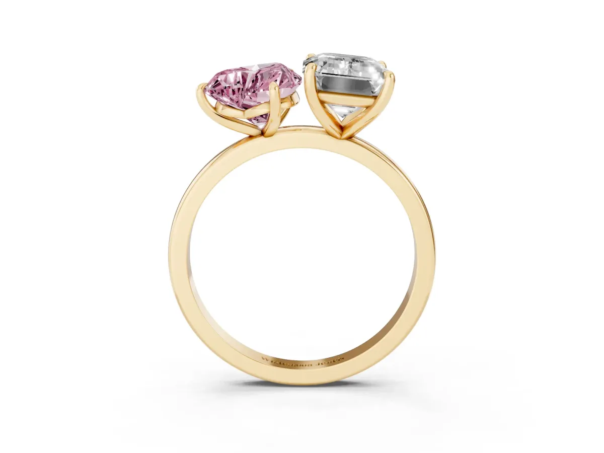 Fancy Pink Heart Cut and Emerald Cut Toi Moi Ring with Prong Setting Yellow gold