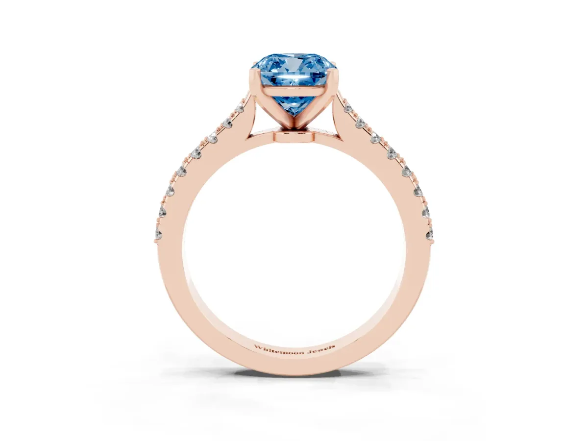 Fancy Blue Cushion Cut Cut Solitaire Diamond Engagement Ring with Pave Band and Four-Prong Setting Rose gold