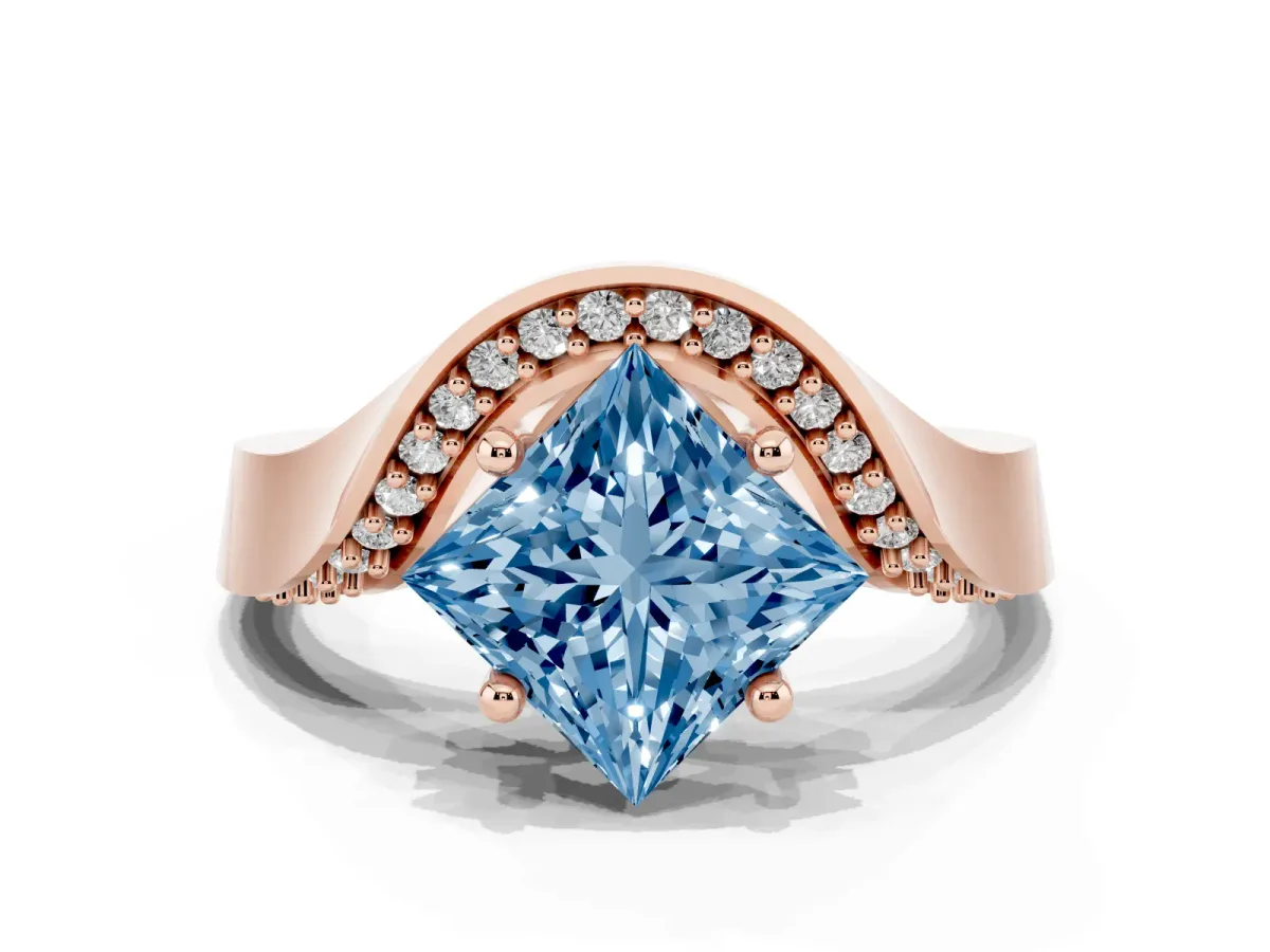 Fancy Blue Princess Cut Solitaire Diamond Engagement Ring with Pave Band and Four-Prong Setting Rose gold