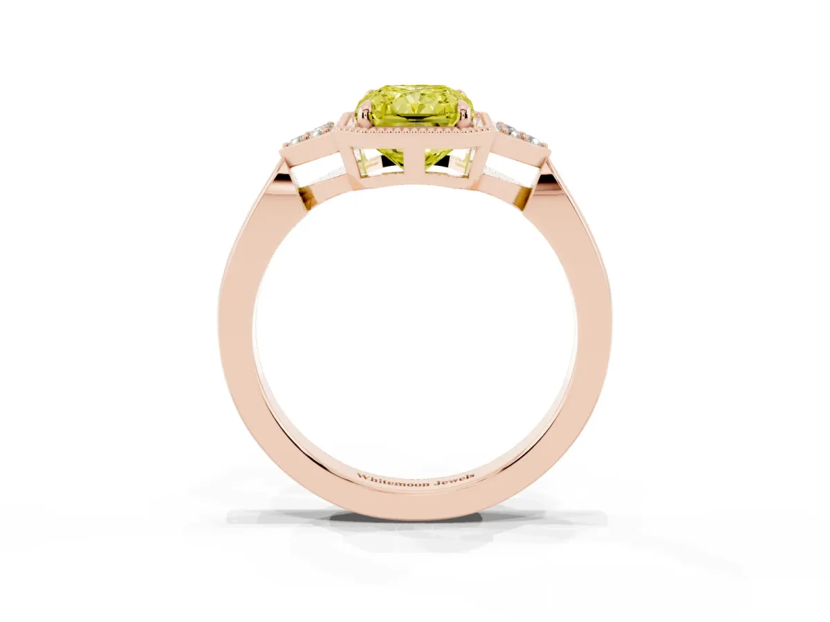 Fancy Yellow Radiant Cut Diamond Halo Ring with Tapered Band and Four-Prong Setting Rose gold