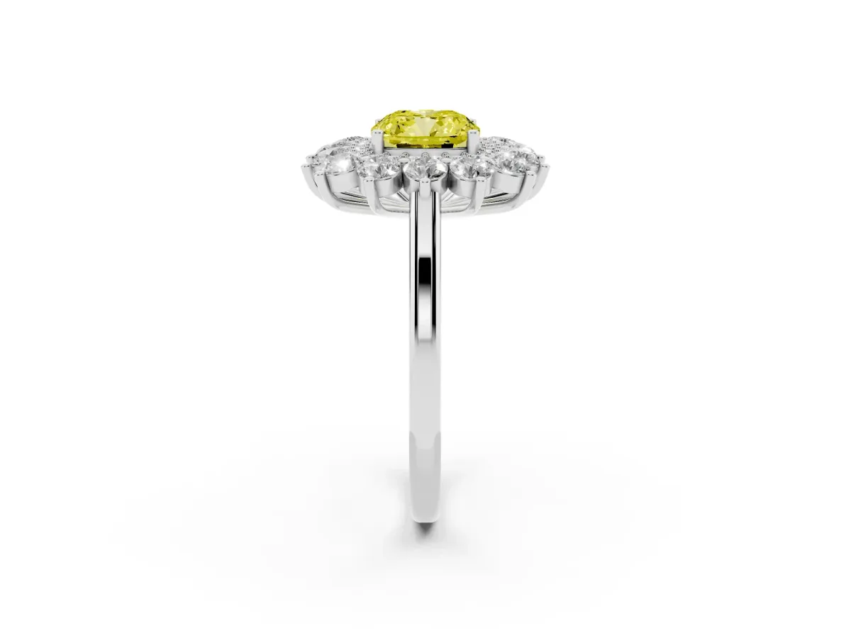 Fancy Yellow Cushion Cut Diamond Floral Double Halo Engagement Ring with Prong Setting White gold