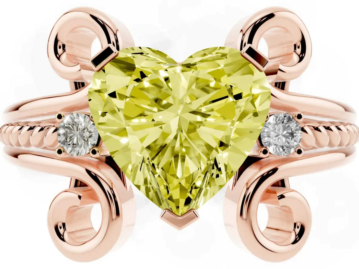Fancy Yellow Heart Cut Solitaire Twisted Band Scroll Prong Ring Rose gold