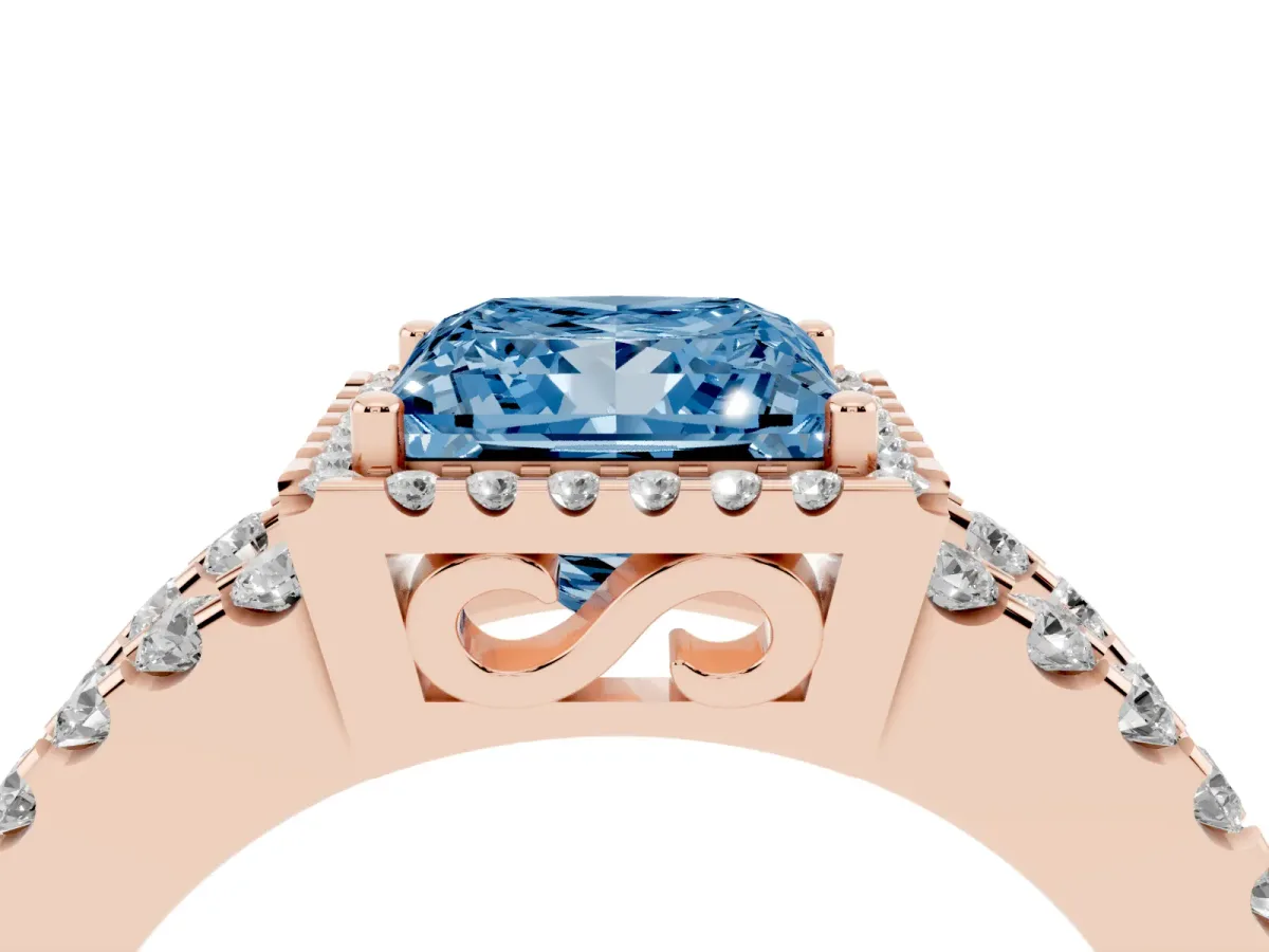 Fancy Blue Princess Cut Cut Halo Split Shank Diamond Ring with Four-Prong Setting Rose gold