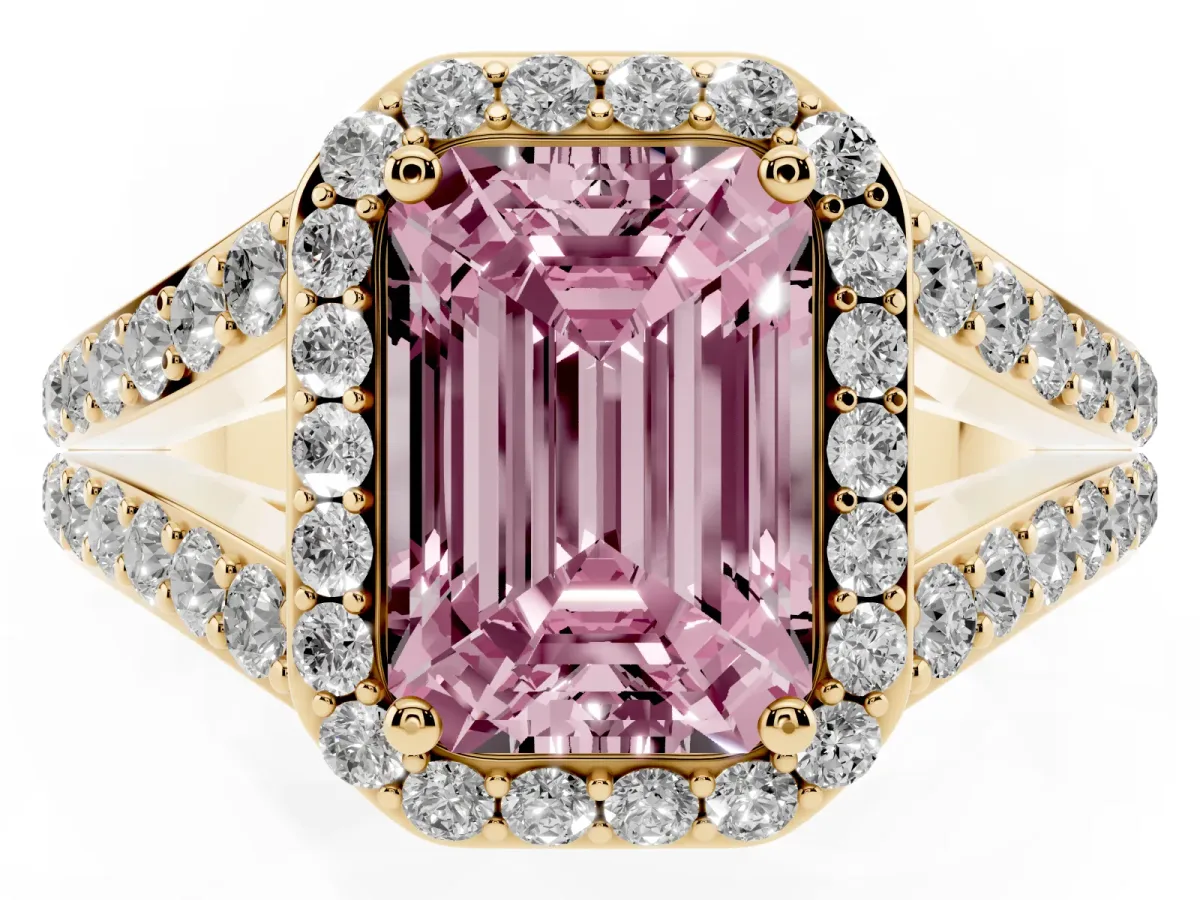 Fancy Pink Emerald Cut Diamond Split Shank Halo Ring with Four-Prong Setting Yellow gold