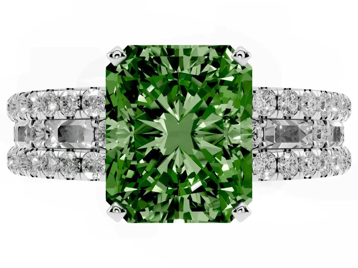 Fancy Green Radiant Cut Diamond Solitaire Ring with Pavé and Channel Set Band Platinum