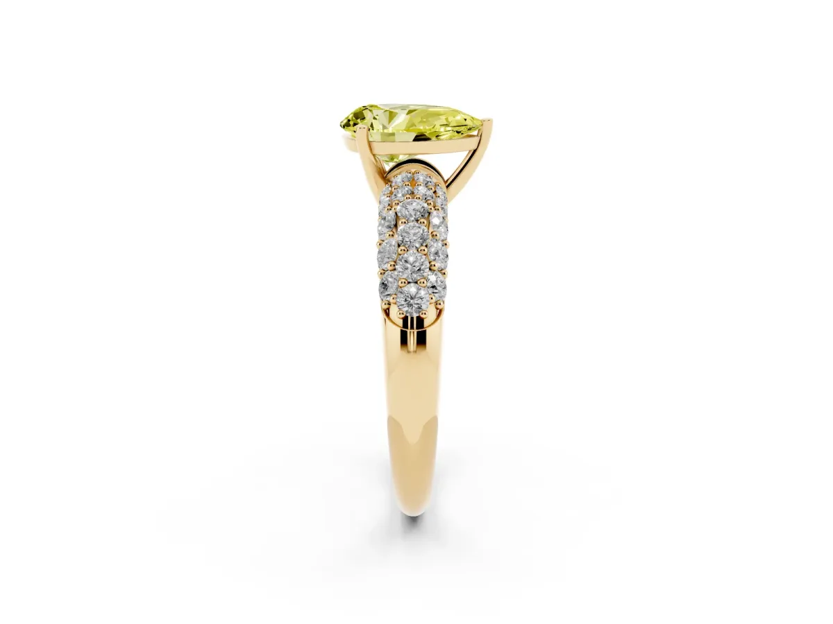 Fancy Yellow Pear Cut Diamond Pavé Band Solitaire Ring with Four-Prong Setting Yellow gold