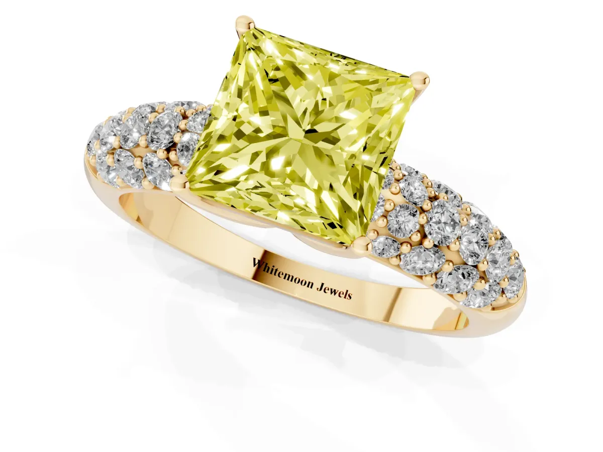 Fancy Yellow Princess Cut Diamond Pavé Band Solitaire Ring with Four-Prong Setting Yellow gold