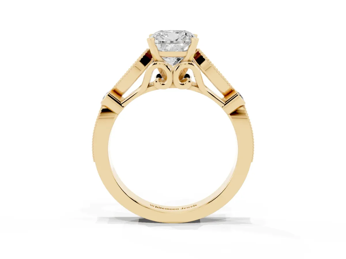 Cushion Cut Cut Diamond with Milgrain Marquise and Bezel Accents on a Solitaire Band with Prong Setting Yellow gold