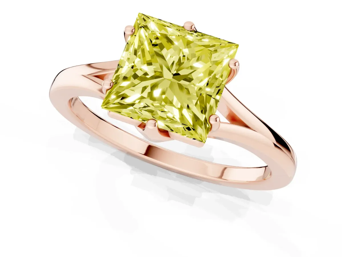 Fancy Yellow Princess Cut Solitaire Diamond Ring with Six-Prong Setting and Tapered Band Rose gold