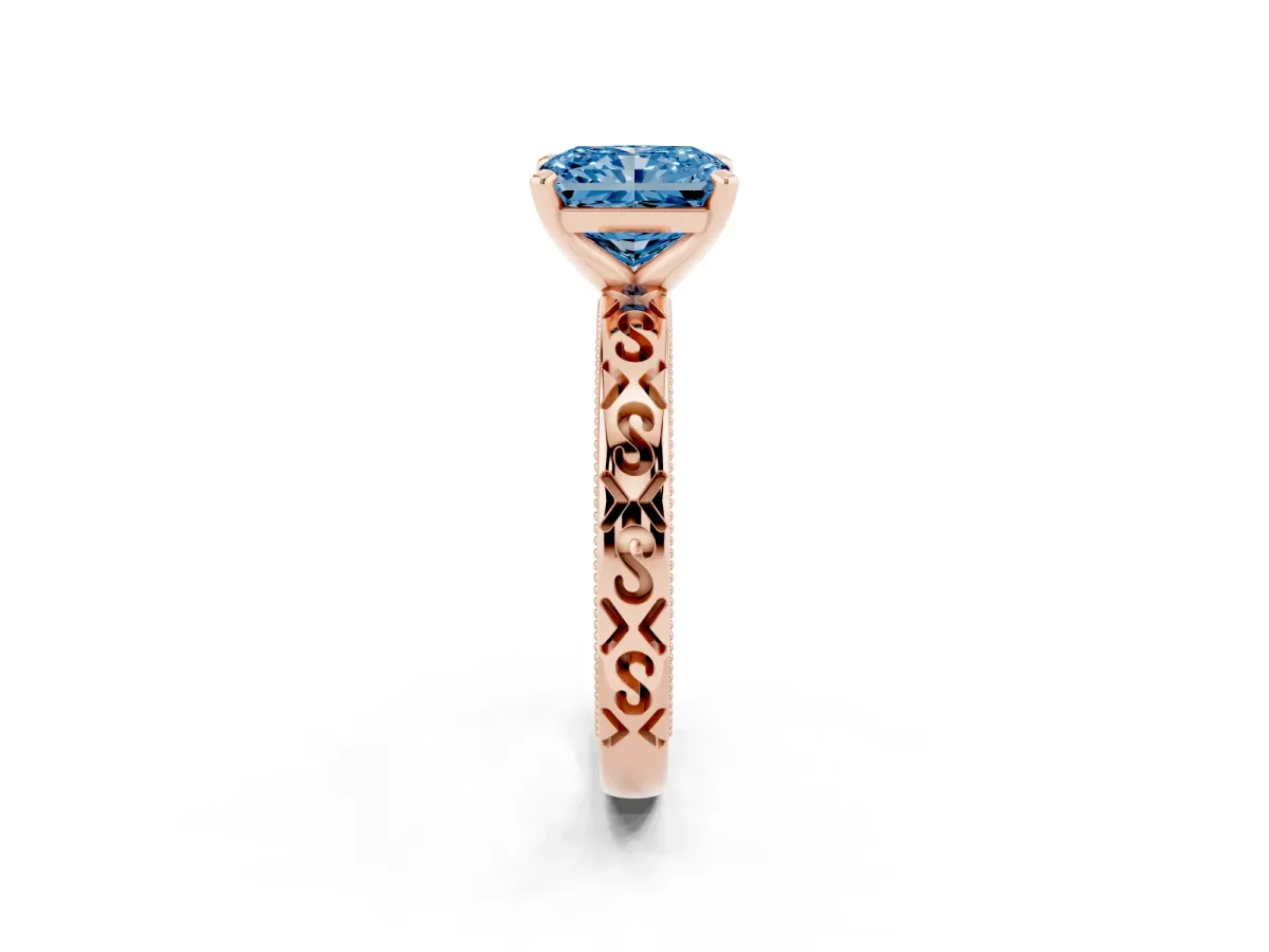 Fancy Blue Radiant Cut Solitaire Engagement Ring with Scrollwork Band and Four-Prong Setting Rose gold