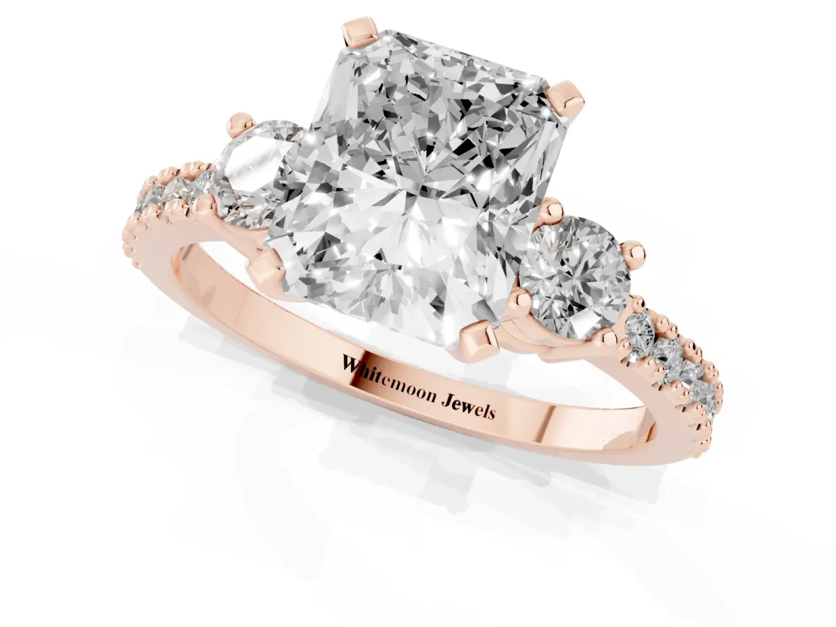 Radiant Cut Three-Stone Diamond Pavé Band with Prong Setting Rose gold