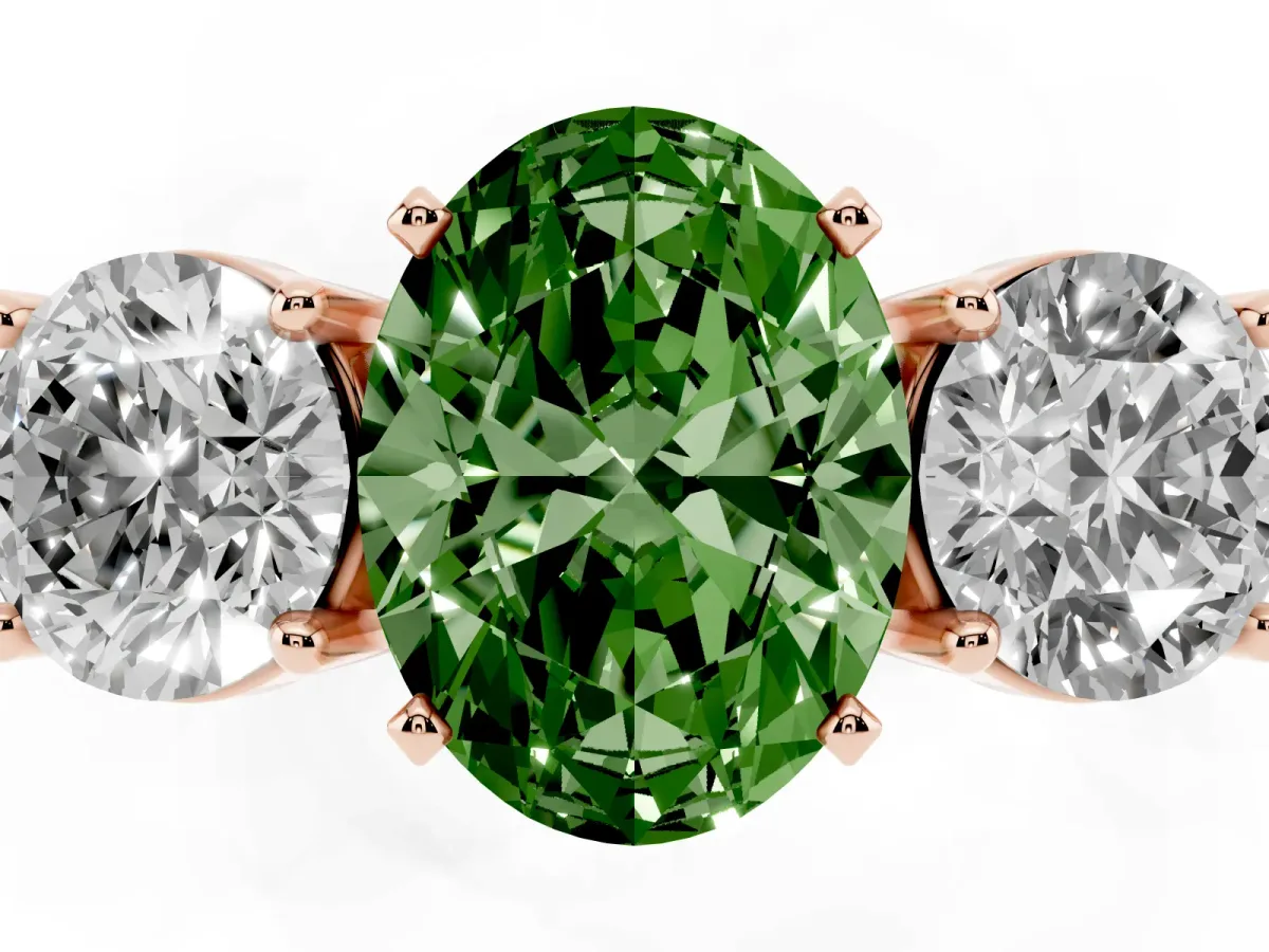 Fancy Green Three-Stone Oval Cut Diamond Ring with Round Side Stones, Classic Band, and Four-Prong Setting Rose gold