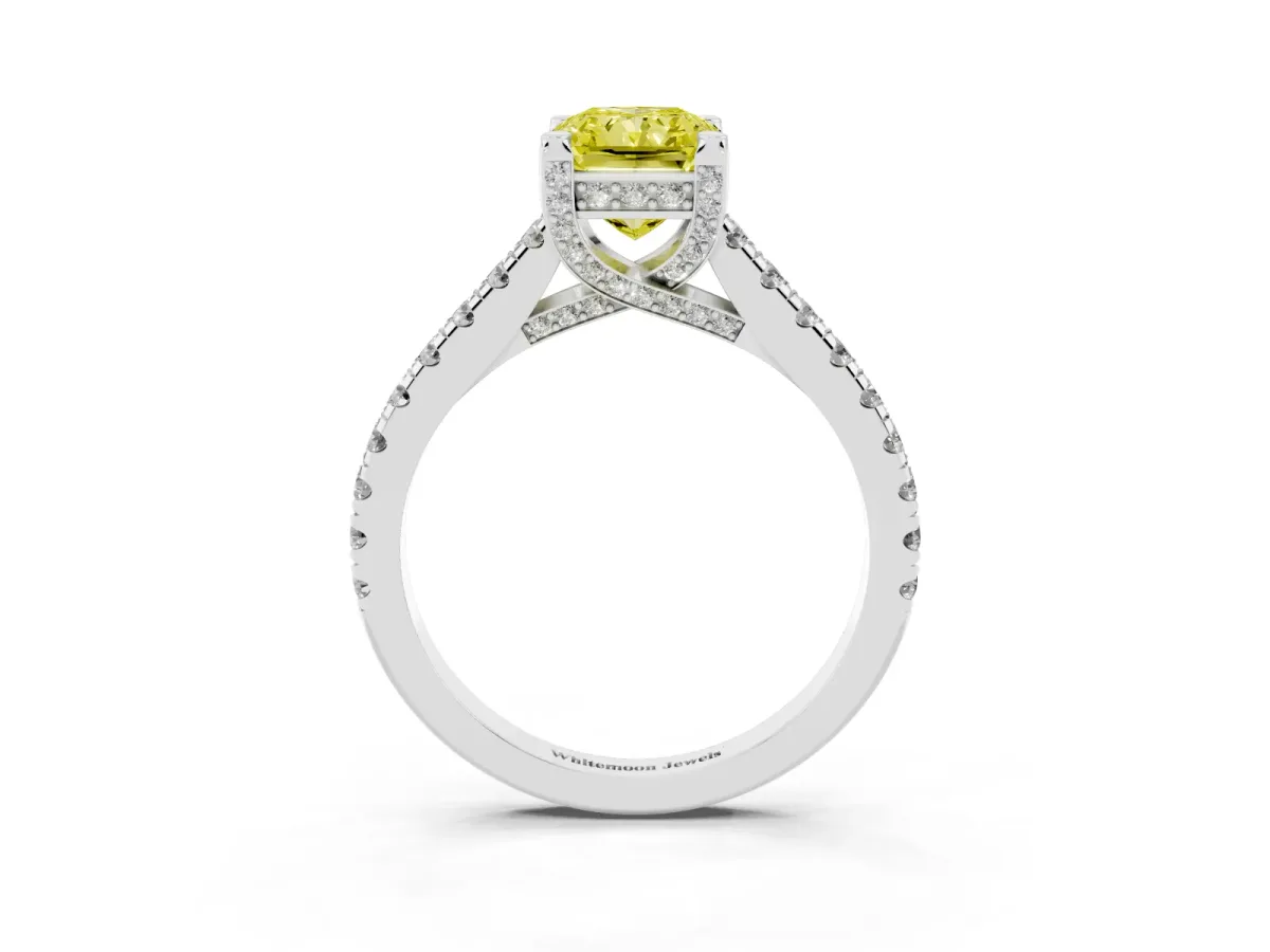 Fancy Yellow Radiant Cut Brilliant Diamond Solitaire with Pavé Band and Four-Prong Setting Platinum