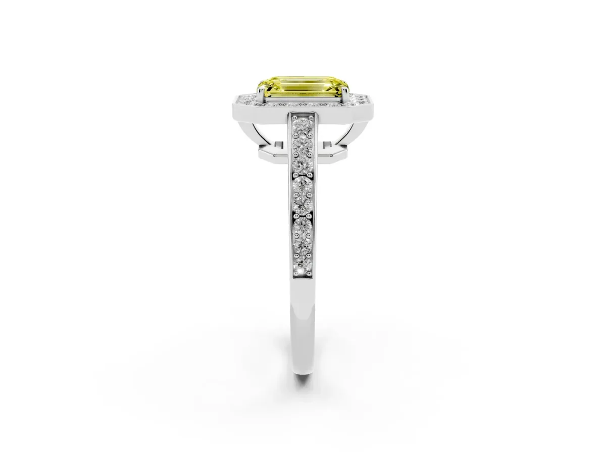 Fancy Yellow Emerald Cut Halo Pavé Diamond Engagement Ring with Bezel Setting Silver