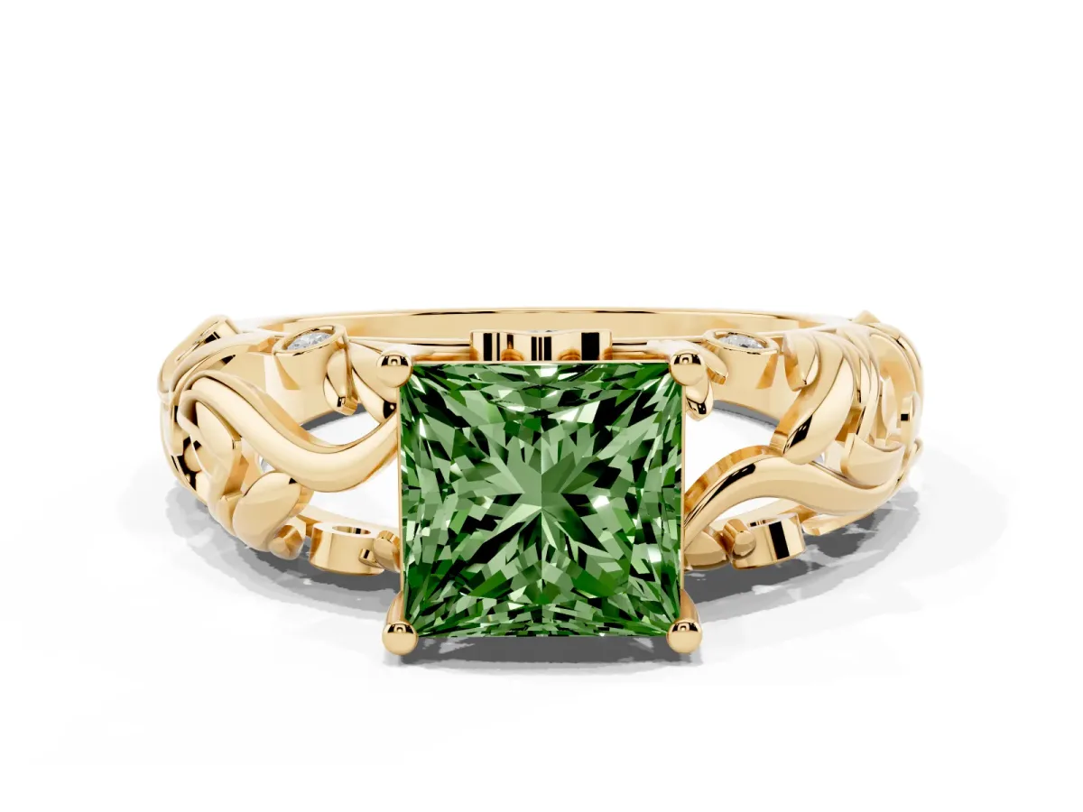 Fancy Green Princess Cut Solitaire Diamond Leaf-Inspired Vine Band Ring with Prong Setting Yellow gold