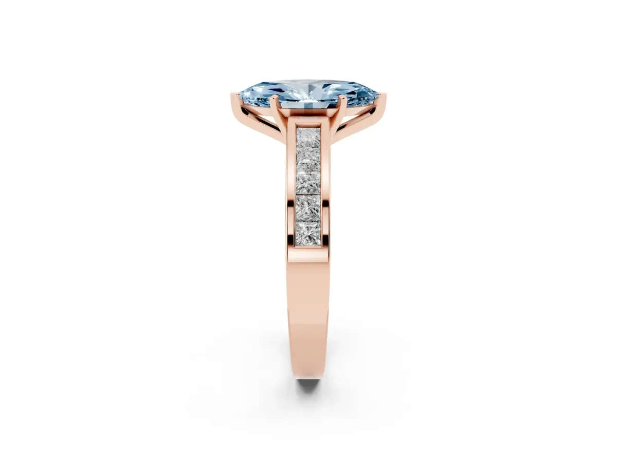 Fancy Blue Marquise Cut Solitaire Diamond Ring with Channel-Set Band and Four-Prong Setting Rose gold