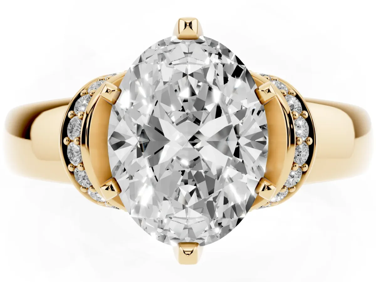 Oval Cut Solitaire Diamond Ring with Pave Band and Six-Prong Setting Yellow gold
