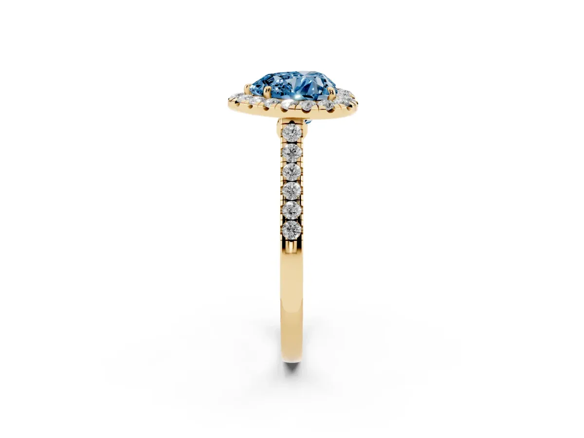 Fancy Blue Heart Cut Halo Pave Diamond Engagement Ring with Four-Prong Setting Yellow gold