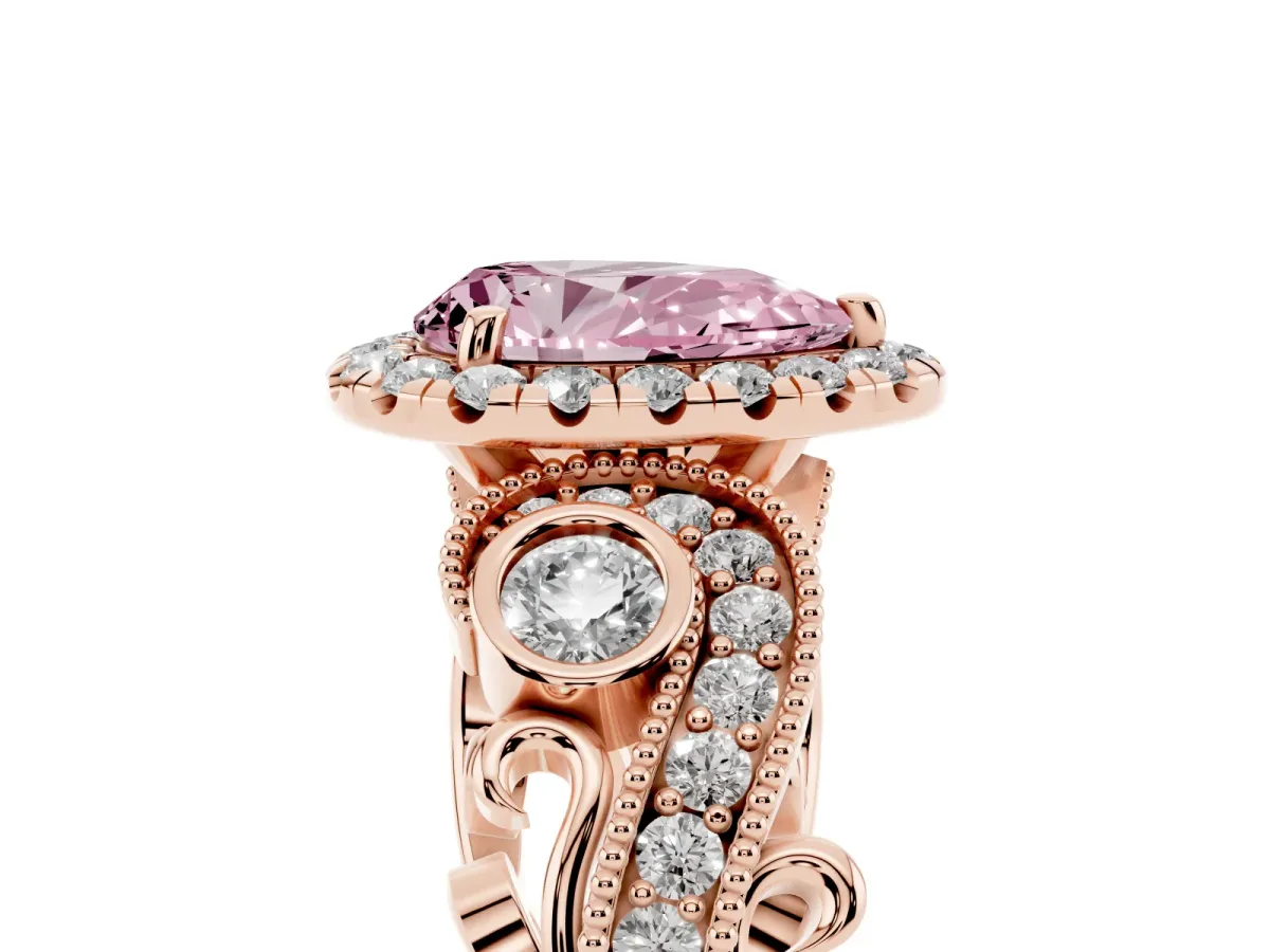 Fancy Pink Pear Cut Halo Diamond Ring with Milgrain and Bezel Accents on a Split Shank Band Rose gold