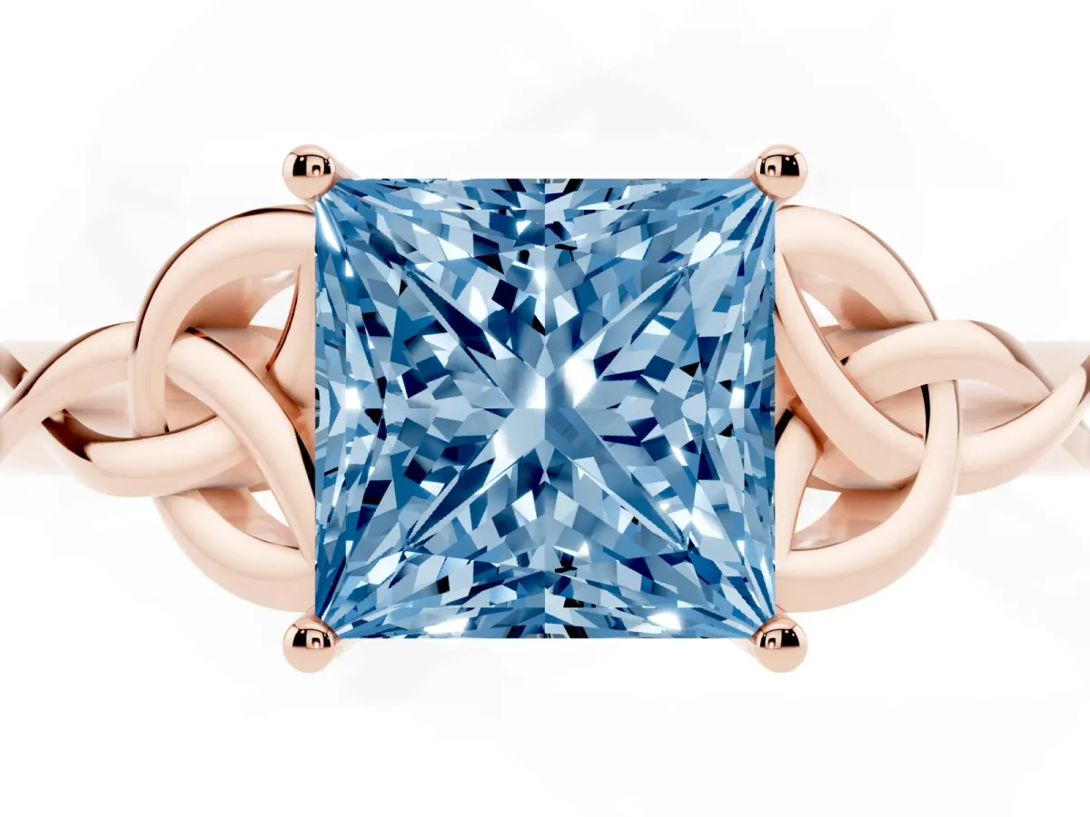 Fancy Blue Princess Cut Diamond Solitaire Engagement Ring with Celtic Knot Band and Four-Prong Setting Rose gold