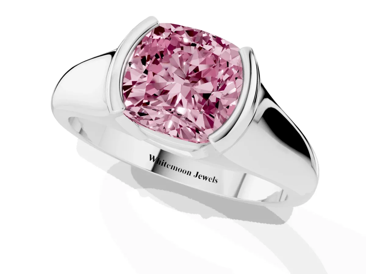 Fancy Pink Cushion Cut Solitaire Tension Set Diamond Ring with Split Shank Band Platinum