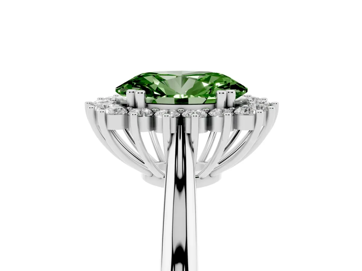 Fancy Green Oval Cut Cut Diamond Halo Ring with Solitaire Band and Prong Setting Platinum