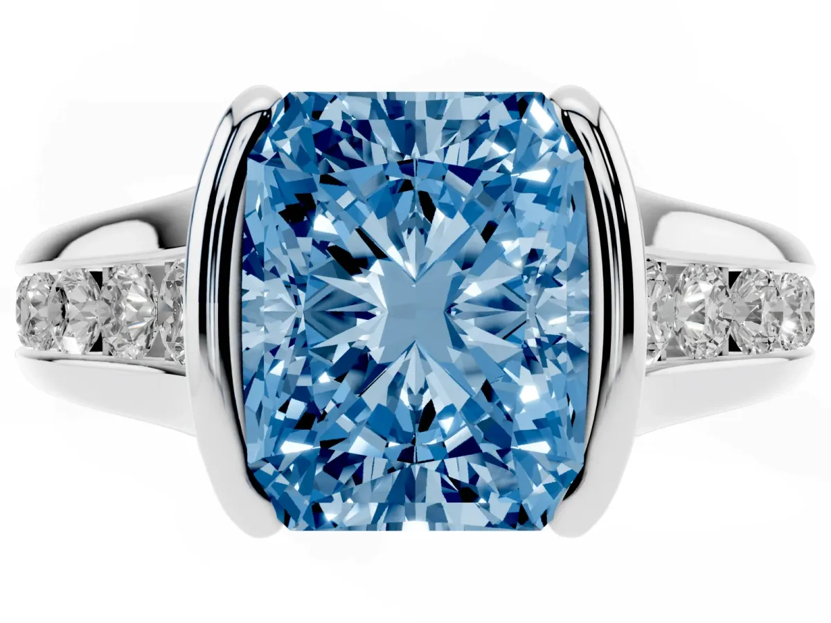 Fancy Blue Radiant Cut Solitaire Bezel-Set Diamond Ring with Channel-Set Band Silver