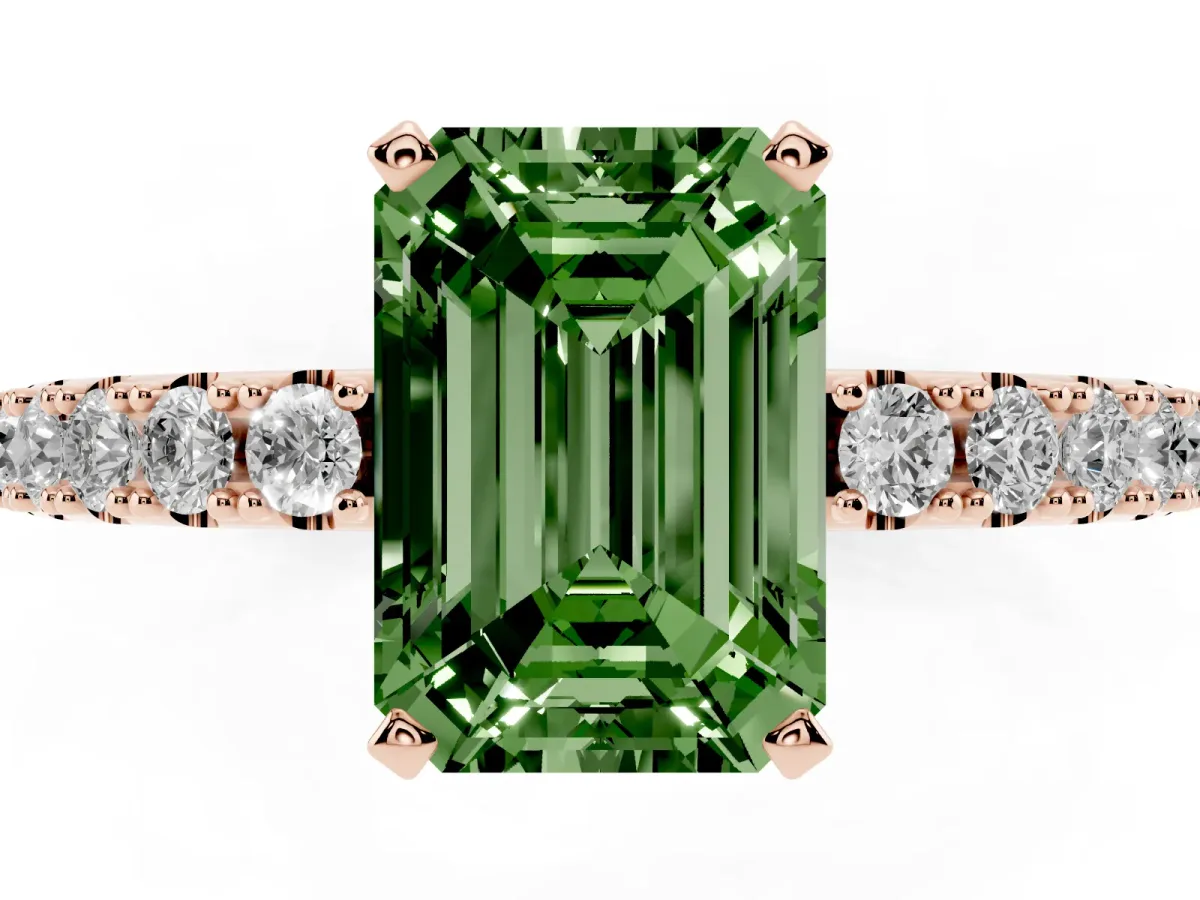 Fancy Green Emerald Cut Diamond Solitaire Pavé Band with Four-Prong Setting Rose gold