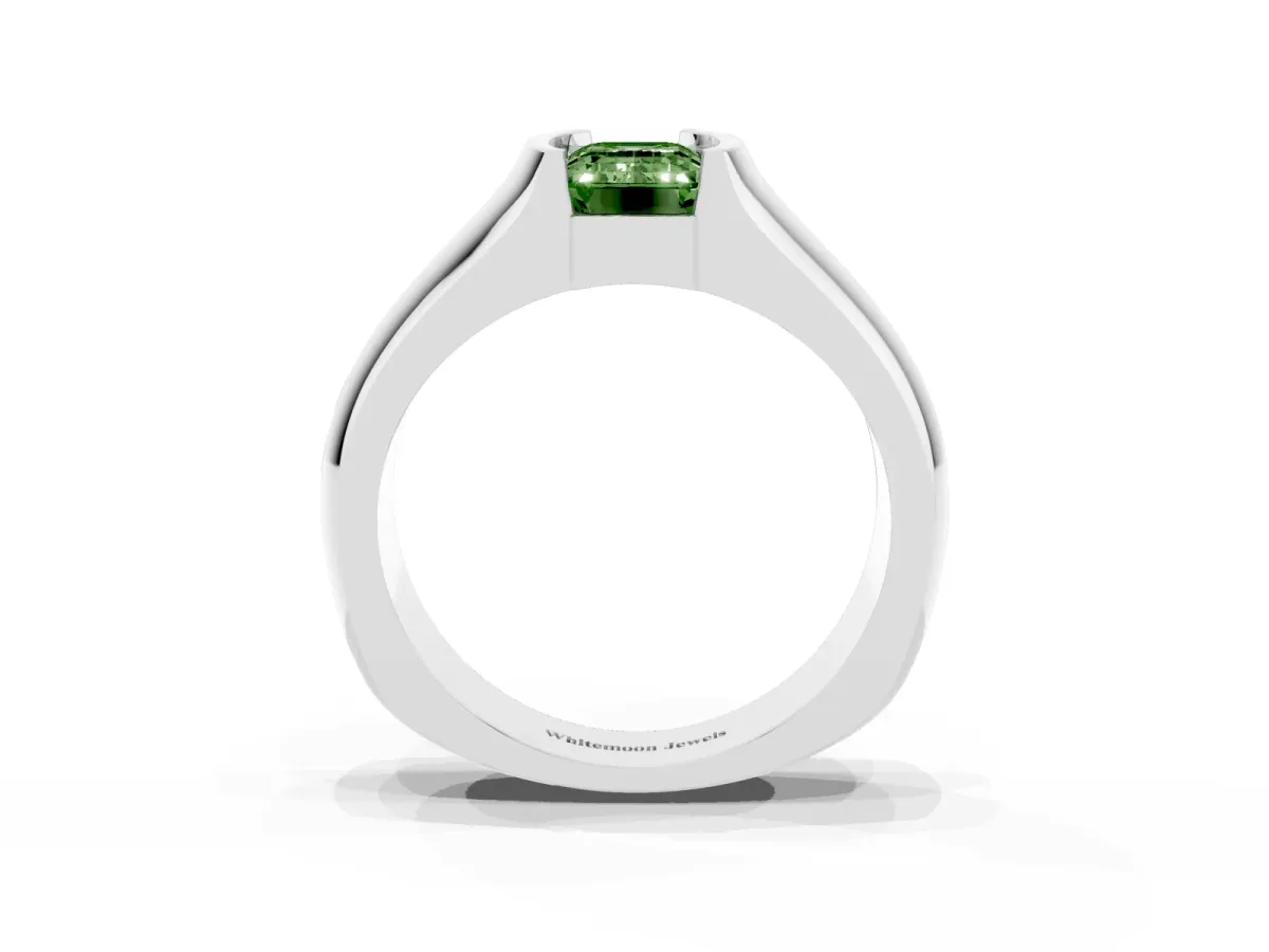 Fancy Green Emerald Cut Solitaire Bezel Set Diamond Ring with Wide Band Platinum