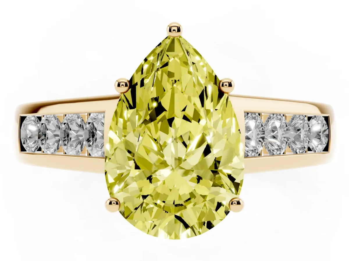 Fancy Yellow Pear Cut Brilliant Channel-Set Solitaire Ring with Four-Prong Setting Yellow gold