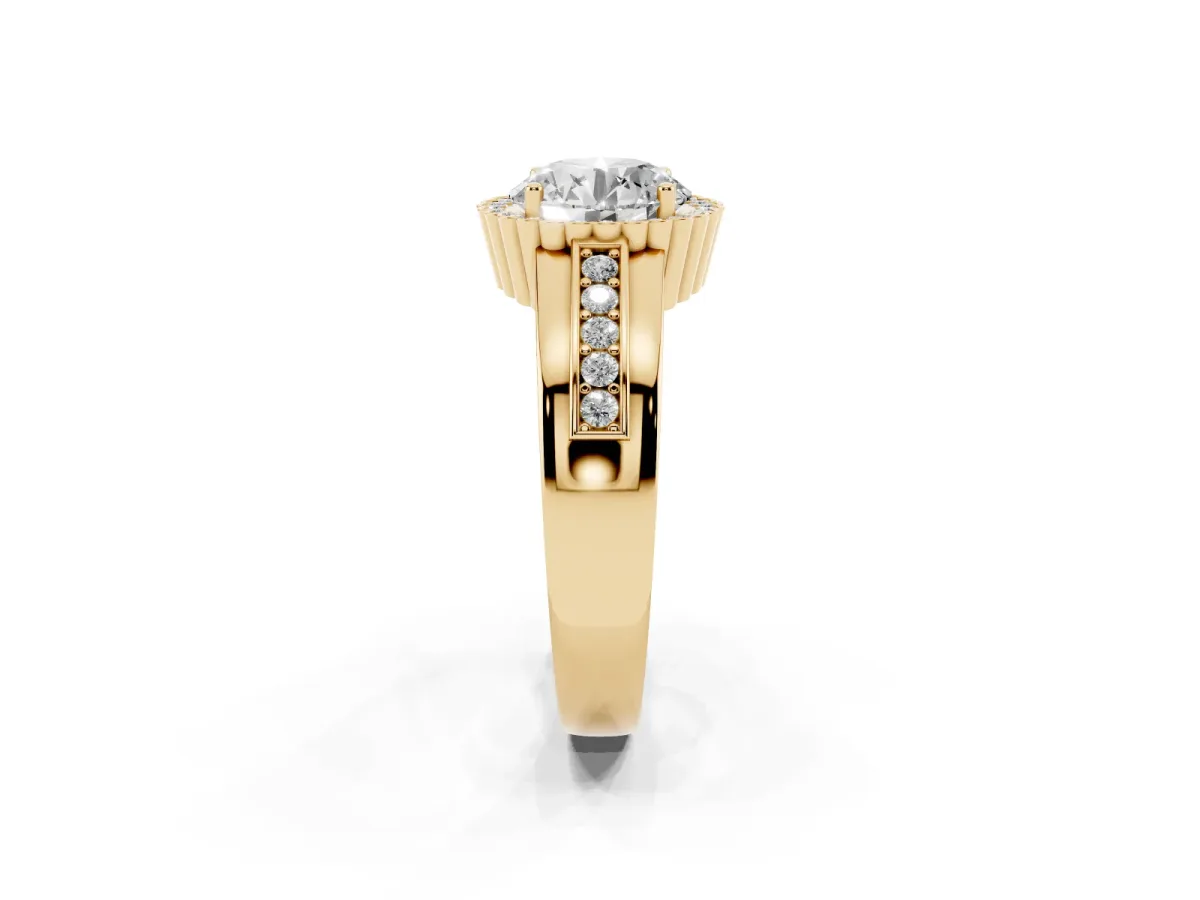 Round Cut Cut Halo Pave Band Four-Prong Ring Yellow gold